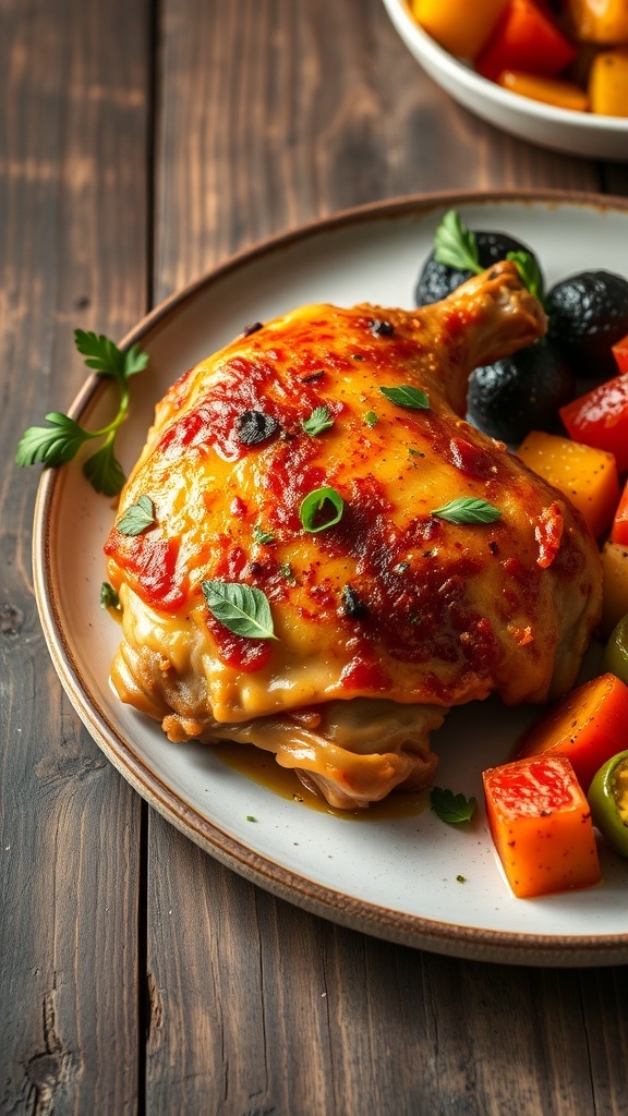Crispy chicken thigh garnished with herbs on a rustic table with roasted vegetables.